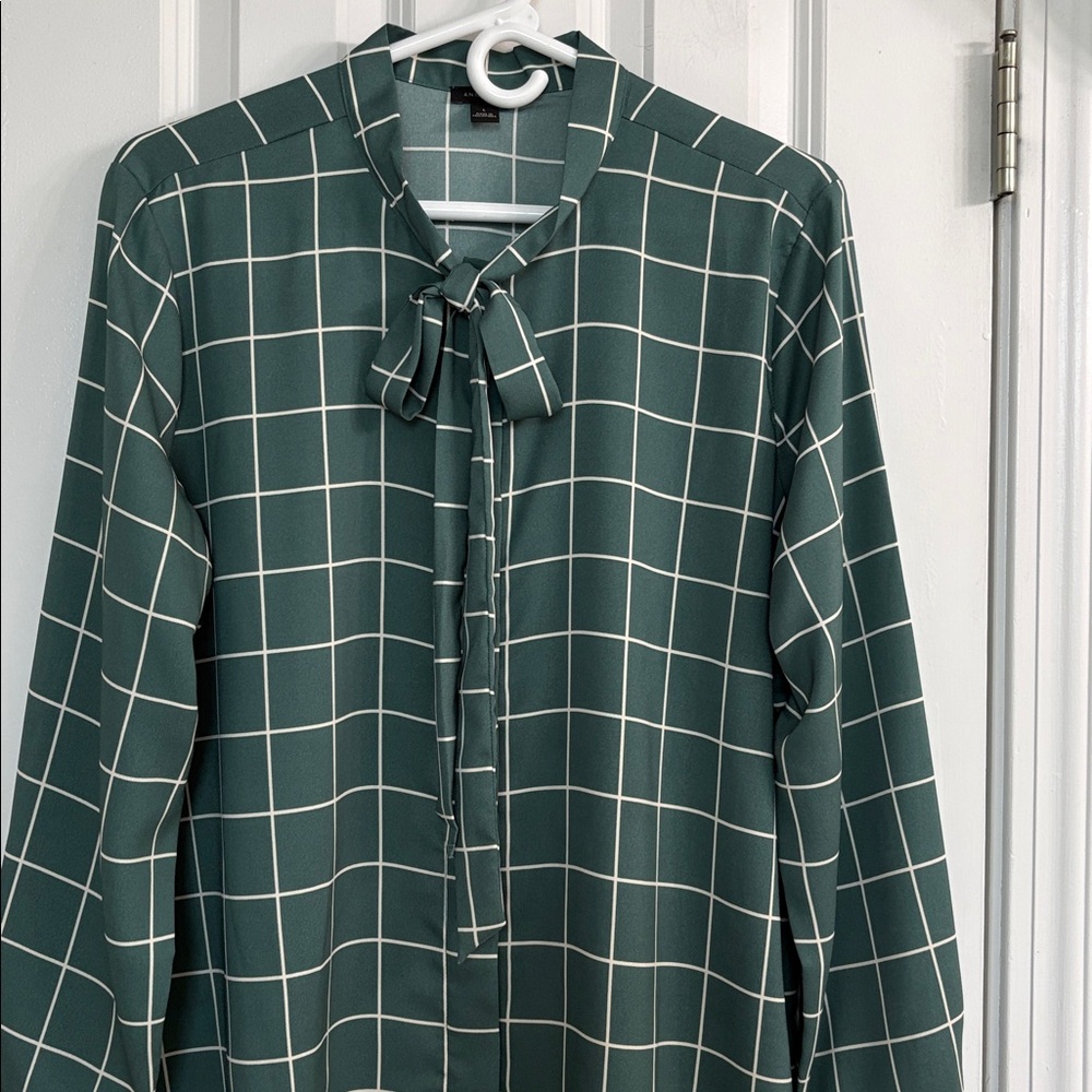 Ann Taylor Green and White Checkered Blouse with Bow Tie